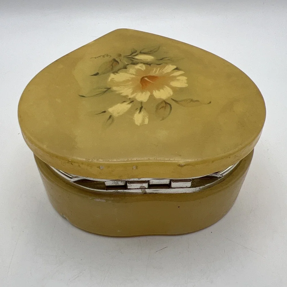 Vintage George Good Italian Alabaster Trinket Box Heart Hinged Painted Flower
